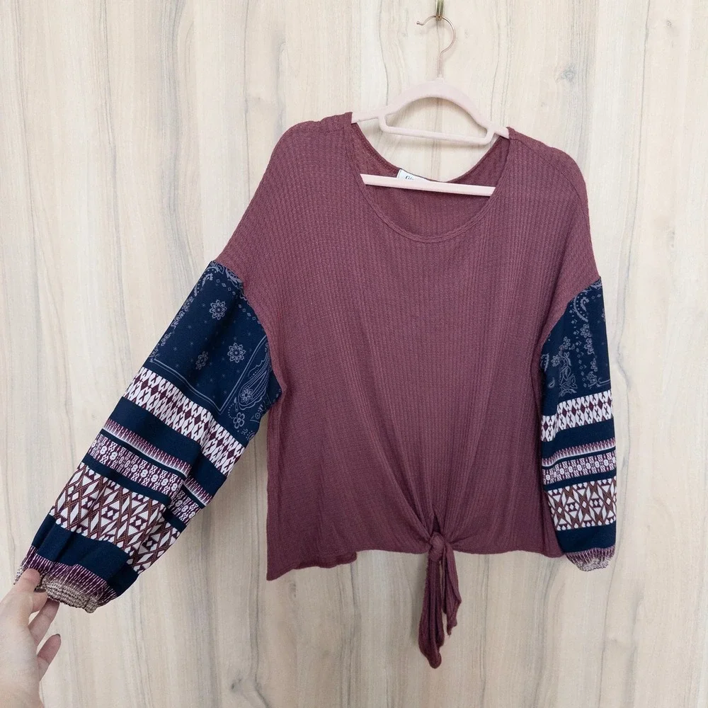 Boho Tie Front Waffle Knit Top L Burgundy Mixed‎ Print Western Festival Peasant